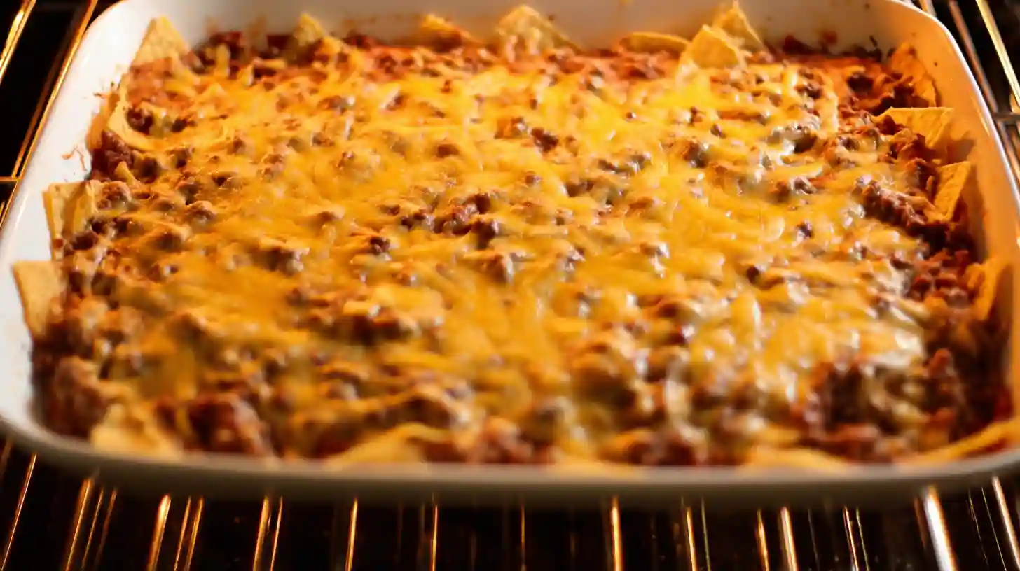 step4-bake-bubbly-golden-cheese-mexican-white-trash-casserole Close-up of a Mexican White Trash Casserole baking in the oven with bubbly golden cheese — a creamy cheesy Tex-Mex comfort food and easy Mexican casserole recipe for busy family dinners.