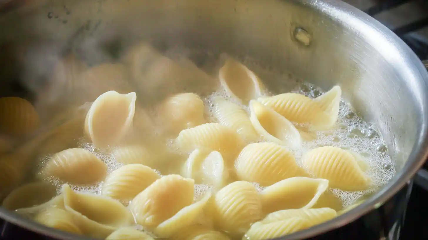 Medium pasta shells boiling on stovetop, perfect for easy slow cooker meals and high-protein family pasta recipes