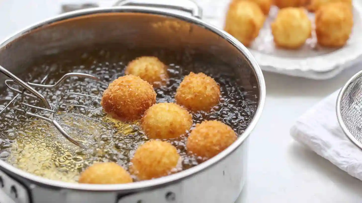 step4-frying-golden-cheesecake-bombs Frying golden cotton candy cheesecake dessert bombs in hot oil for easy fried dessert recipes with cream cheese.