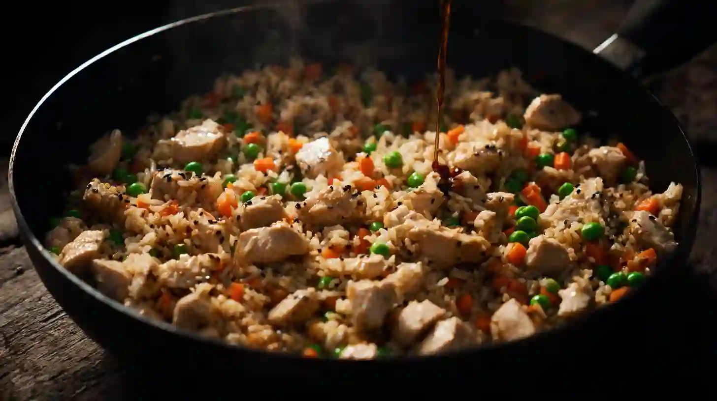 step4-sauce-chicken-high-protein-crispy-garlic-fried-rice High Protein Crispy Garlic Chicken Fried Rice – chicken, soy sauce, and sesame oil tossed with rice for high protein chicken recipes.