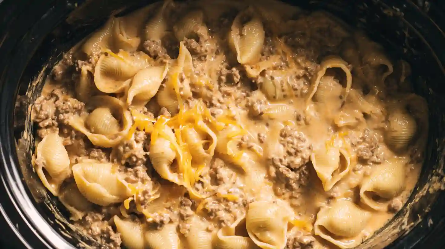 Cheesy pasta dinner in slow cooker with melted cheddar, perfect for family-friendly crockpot dinners and easy crockpot meals