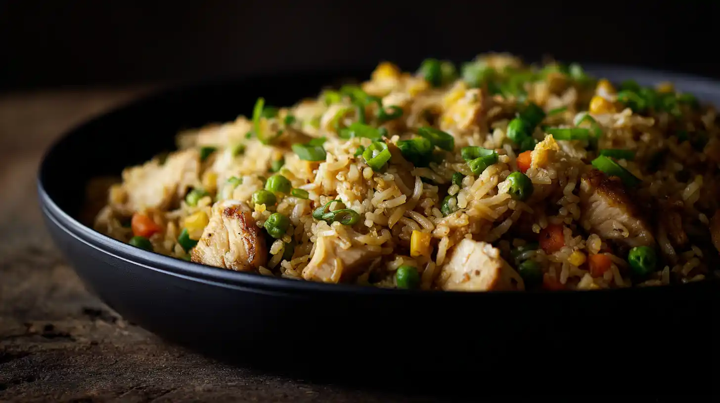 step5-green-onions-high-protein-crispy-garlic-fried-rice High Protein Crispy Garlic Chicken Fried Rice – topped with fresh green onions for easy dinner recipes for families and high protein comfort food.