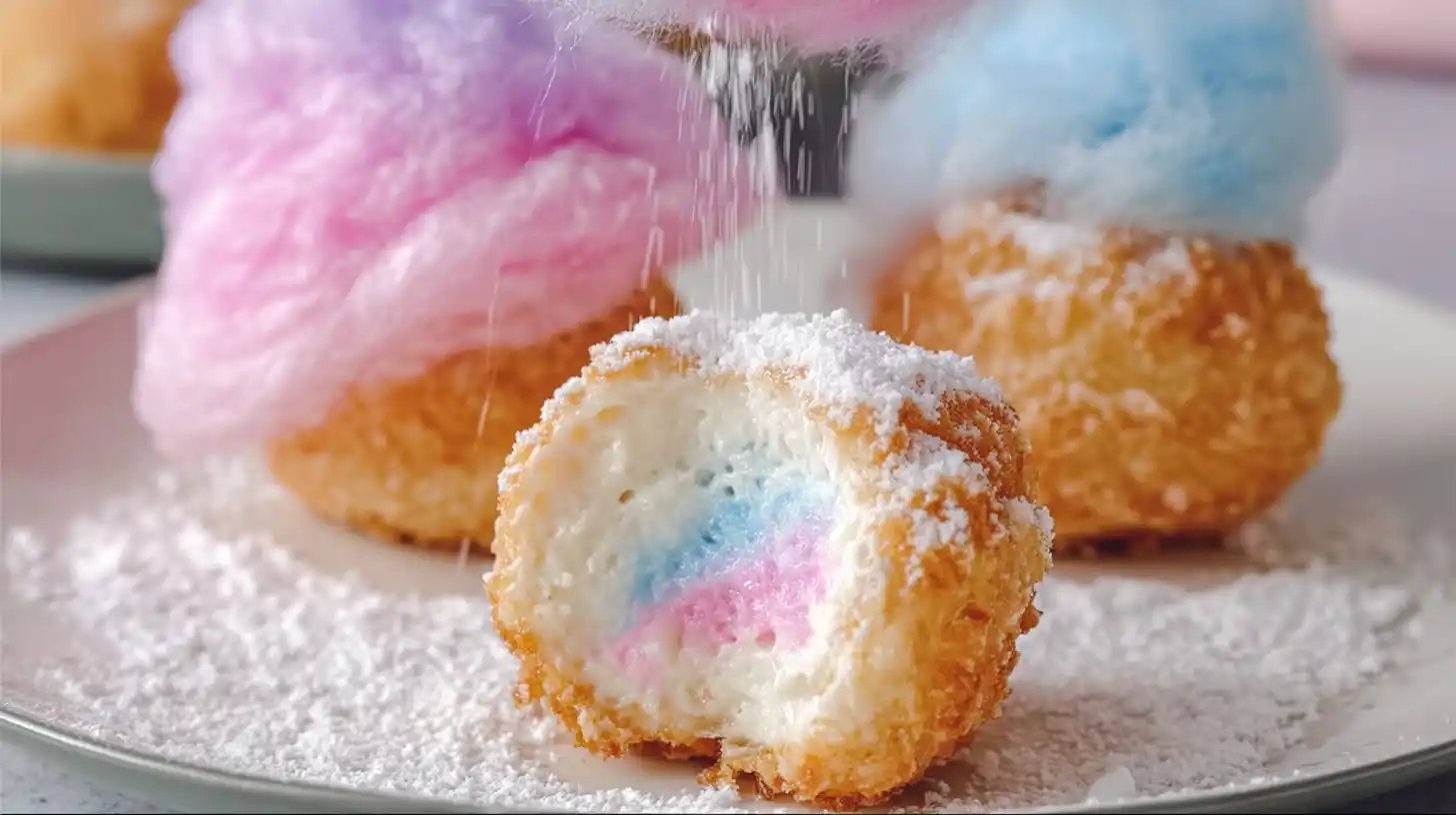 step5-sugar-coated-cotton-candy-cheesecake-bombs Rolling deep fried cotton candy cheesecake dessert bombs in sugar for easy holiday desserts and high-traffic carnival-inspired treats.