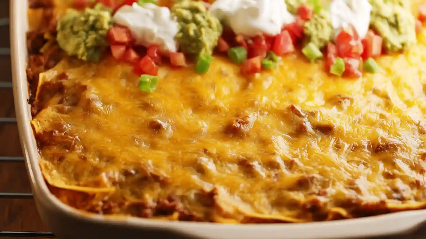 step5-top-serve-toppings-mexican-white-trash-casserole Close-up of Mexican White Trash Casserole topped with sour cream, guacamole, and green onions — a warm, creamy Tex-Mex comfort food perfect for easy Mexican casserole recipes and budget-friendly family dinners.