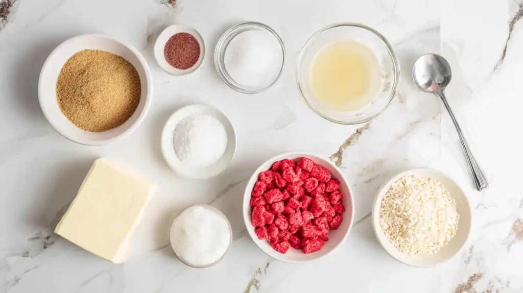 Flat lay of ingredients for strawberry crunch cheesecake bites including cream cheese, freeze-dried strawberries, crushed, graham cracker crumbs, butter, sugar, and rice cereal
