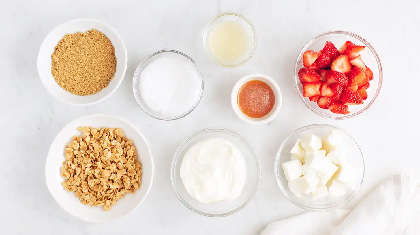 strawberry-crunch-cheesecake-bites-Ingredients-Image Ingredients for Strawberry Crunch Cheesecake Bites – easy no bake cheesecake bites recipe with graham cracker crust, cream cheese strawberry desserts.