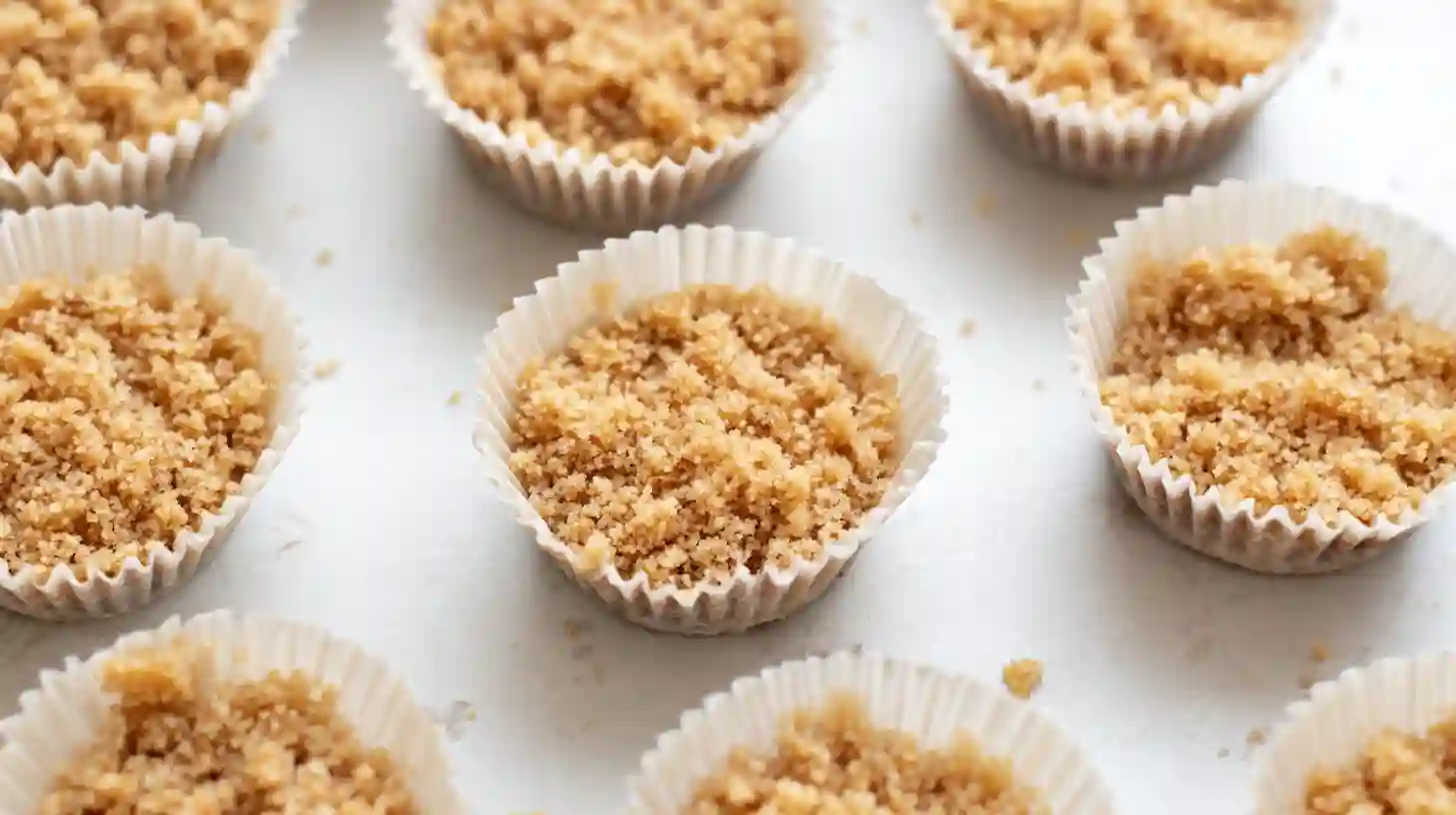 strawberry-crunch-cheesecake-bites-step1-crust Step 1 making Strawberry Crunch Cheesecake Bites – graham cracker crust for easy no bake cheesecake bites and best strawberry dessert recipes.