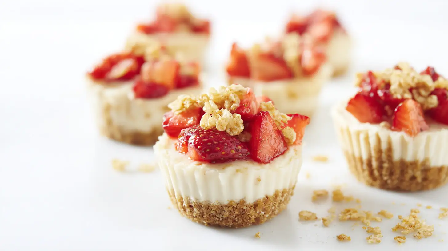 strawberry-crunch-cheesecake-bites-step3-topping Step 3 making Strawberry Crunch Cheesecake Bites – creamy filling topped with fresh strawberries and crispy cereal for quick no bake desserts and best strawberry dessert recipes.
