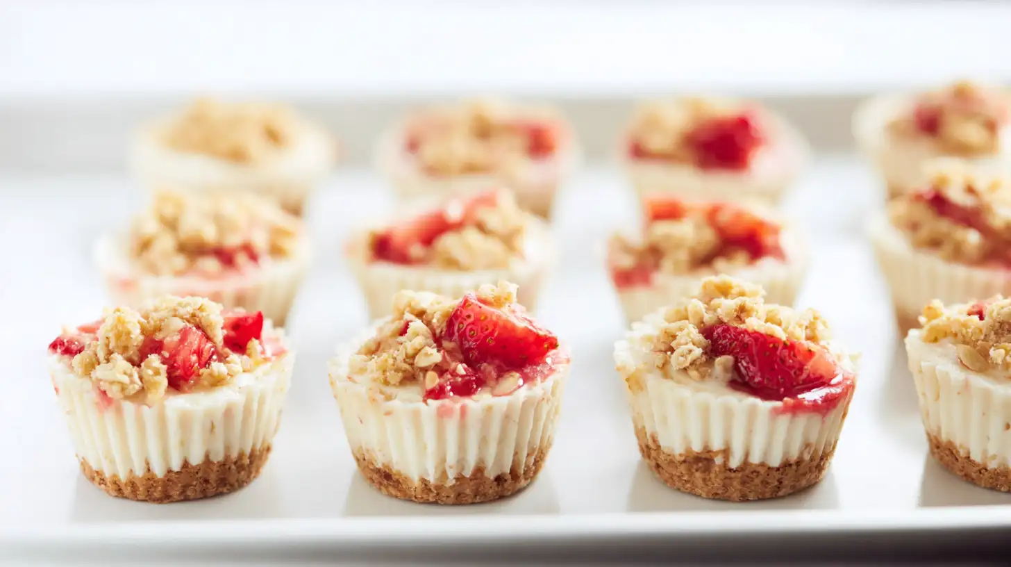 strawberry-crunch-cheesecake-bites-step4-chill Step 4 making Strawberry Crunch Cheesecake Bites – chilled no bake cheesecake bites with strawberries and crispy topping, best strawberry dessert recipes.