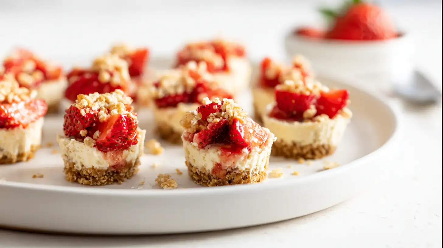 strawberry-crunch-cheesecake-bites-step5-serve Step 5 serving Strawberry Crunch Cheesecake Bites – plated no bake cheesecake bites with extra strawberries and crispy topping, quick no bake desserts.