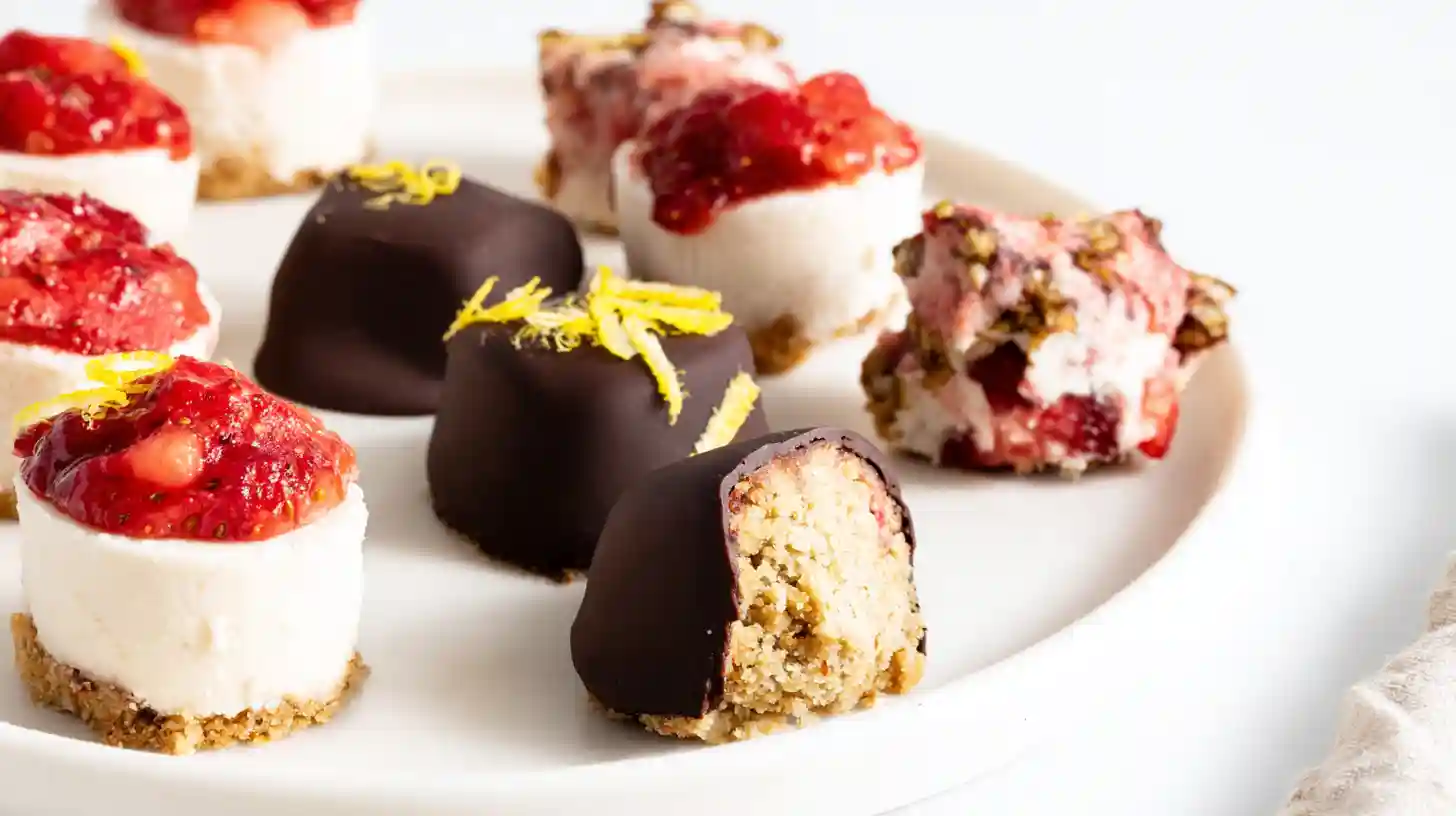 strawberry-crunch-cheesecake-bites-variations Recipe variations of Strawberry Crunch Cheesecake Bites – classic no bake, chocolate-dipped, gluten-free, strawberry lemon, and homemade frozen cheesecake bites for easy mini desserts.