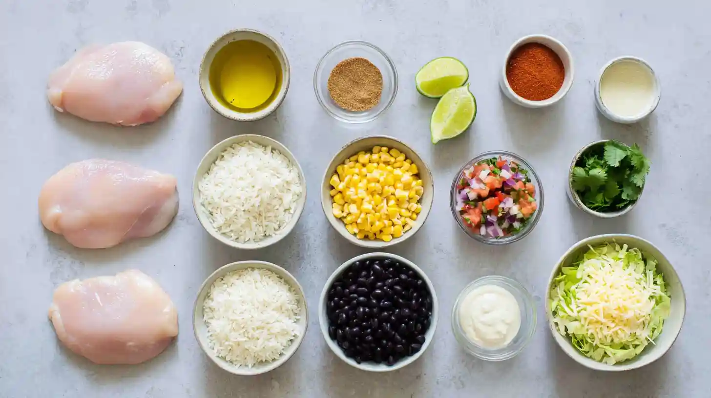 street-corn-chicken-rice-bowl-Ingredients-Image Street Corn Chicken Rice Bowl Ingredients – Healthy Chicken, Spices, Lime, Rice, Corn, and Creamy Sauce Essentials