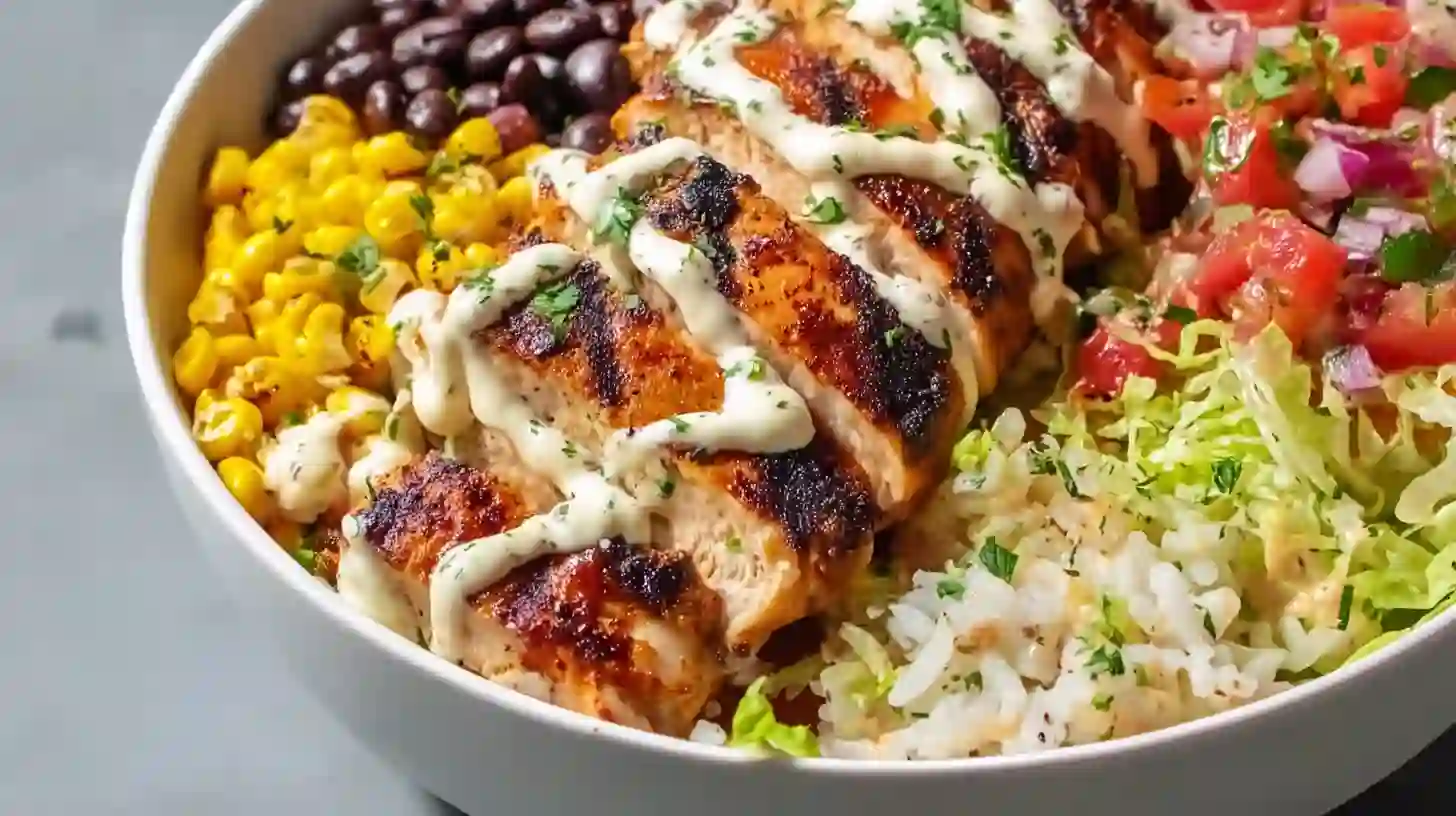 Street Corn Chicken Rice Bowl – High-Protein Healthy Dinner with Creamy Lime Sauce, Corn, and Black Beans