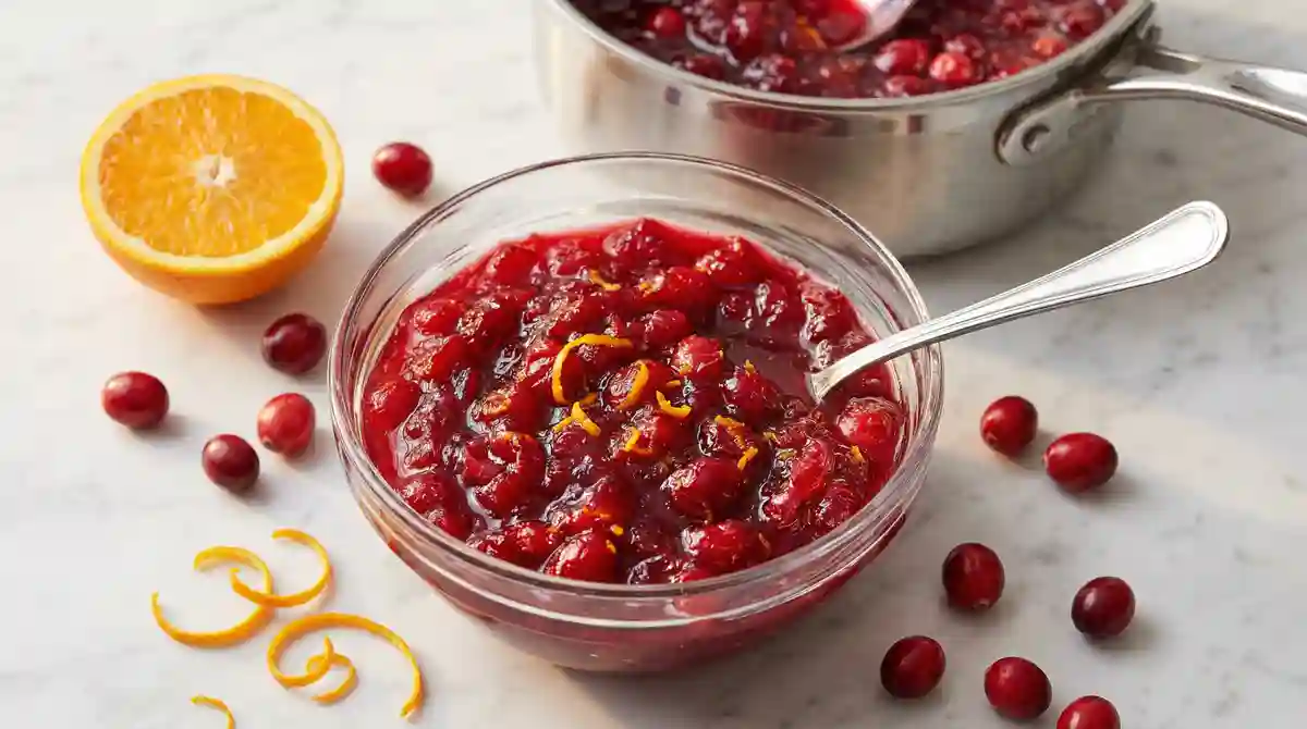 Fresh cranberry orange relish in glass bowl with orange zest and Ocean Spray cranberries, perfect Thanksgiving or Christmas side topping