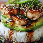 Close-up of a Teriyaki Chicken Avocado Rice Stack featuring glazed chicken slices layered over fresh avocado and sushi rice, topped with sesame seeds and scallions.