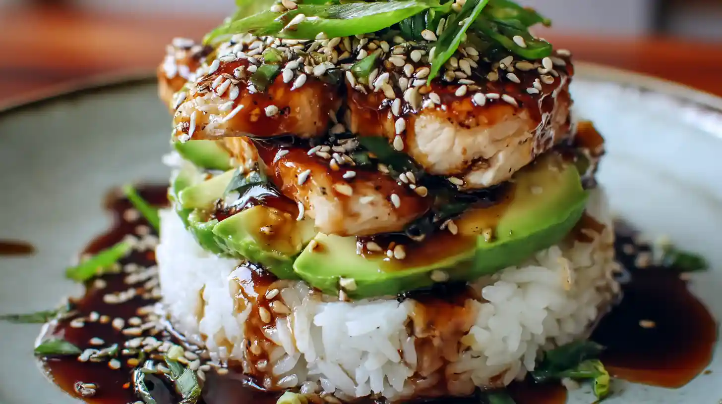 Teriyaki Chicken Avocado Rice Stack: Healthy, Easy, Full of Flavor