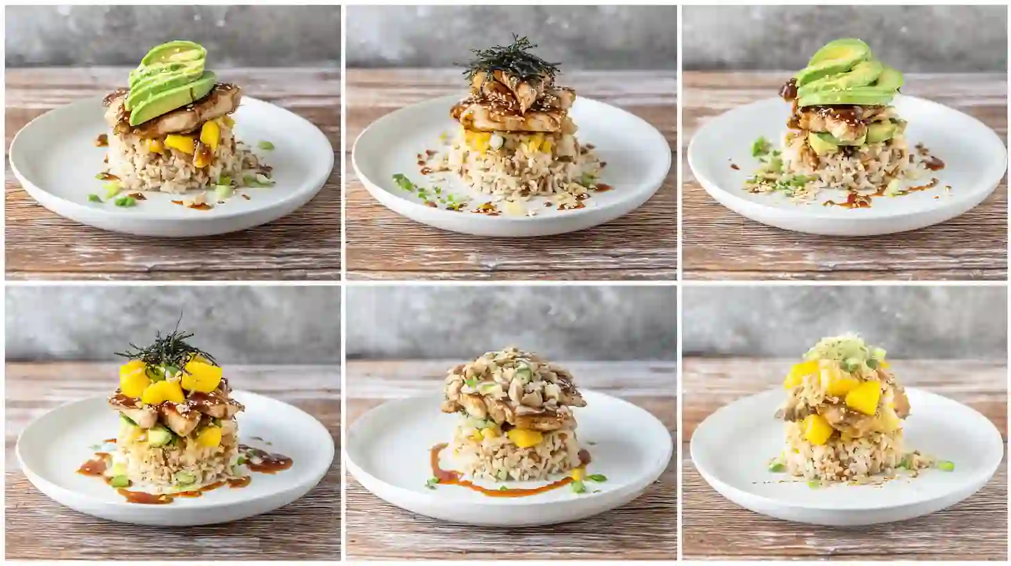 Five delicious Teriyaki Chicken Avocado Rice Stack variations including spicy, healthy, vegetarian, and gourmet options—perfect for easy weeknight meals and healthy high-protein dinner ideas.