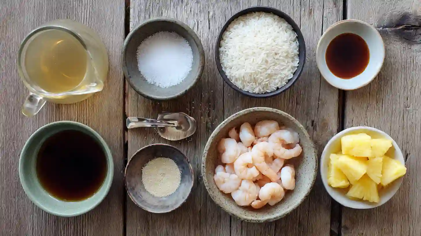 teriyaki-shrimp-pineapple-rice-stack-ingredients-Image Ingredients for Teriyaki Shrimp Pineapple Rice Stack – shrimp, pineapple, rice, teriyaki sauce