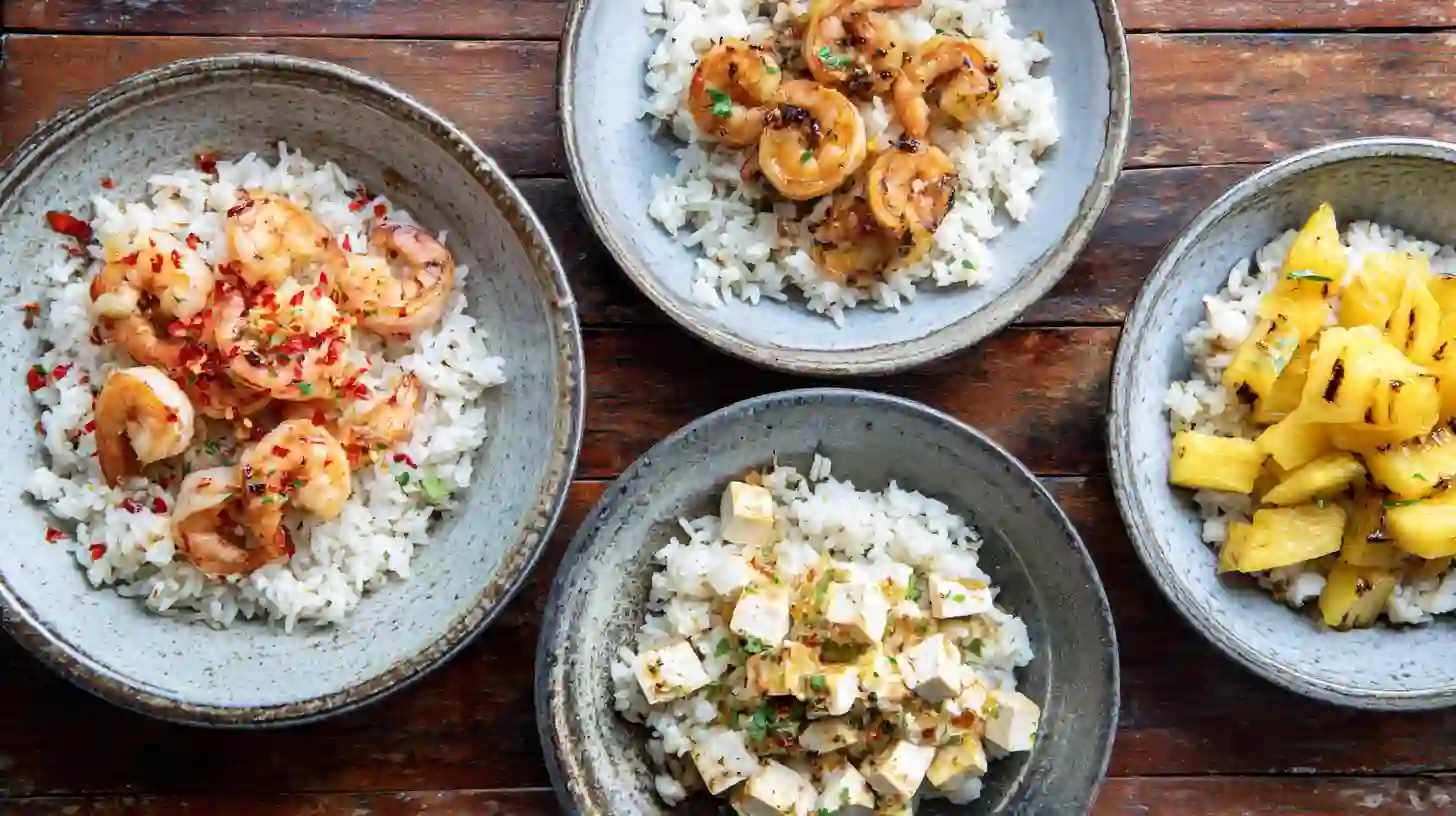 teriyaki-shrimp-pineapple-rice-stack-variations Variations of Teriyaki Shrimp Pineapple Rice Stack – spicy, coconut rice, vegetarian tofu, and caramelized pineapple options