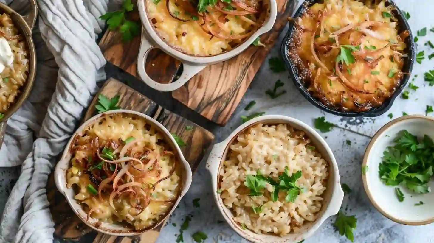 variations-french-onion-chicken-rice-bake Four variations of French onion chicken rice bake including crockpot, classic, one-pot, and healthy casserole for comfort food recipes