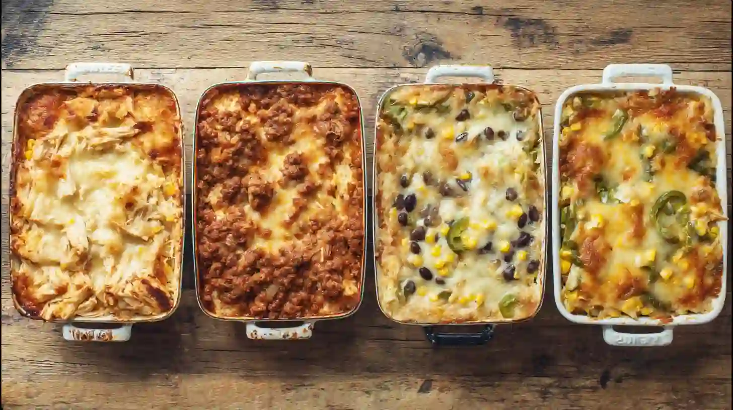 variations-mexican-white-trash-casserole-tex-mex-family-dinners Four variations of Mexican White Trash Casserole — classic chicken, ground beef taco, spicy jalapeño popper, and vegetarian bean & corn — easy Mexican casserole recipes for family dinners and budget-friendly comfort food nights.