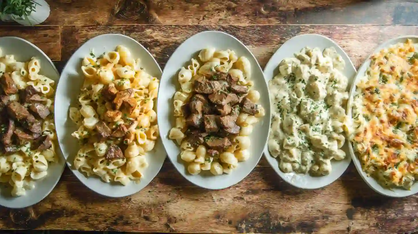 Five variations of Garlic Butter Steak & Cheddar Shells – creamy cheddar pasta, juicy steak bites, easy skillet recipes for family dinners.