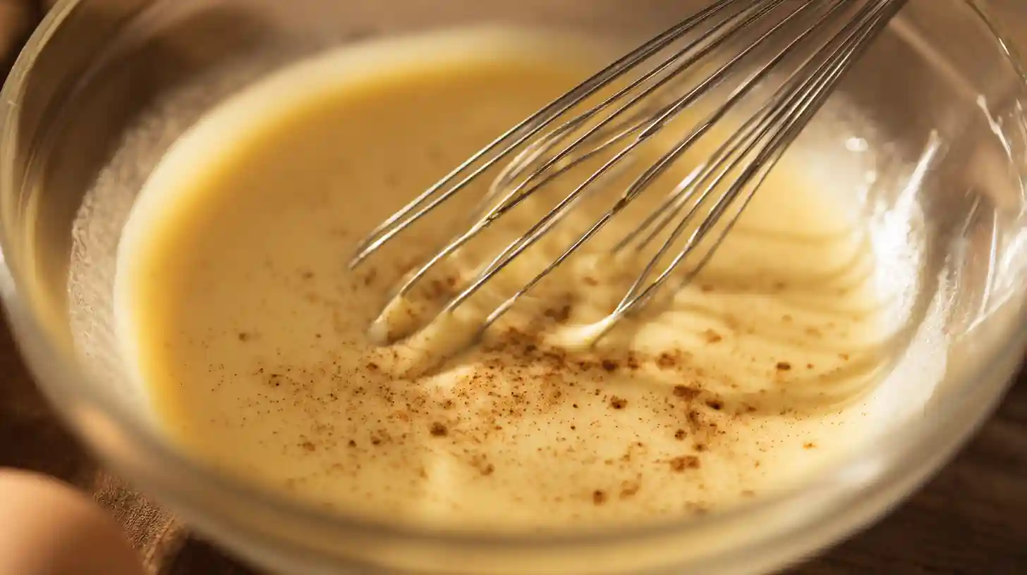 whisking-egg-custard-for-bourbon-maple-bacon-french-toast Whisking eggs, milk, vanilla, and cinnamon to make custard for Bourbon Maple Bacon Stuffed French Toast – luxury holiday breakfast recipe for family brunch.