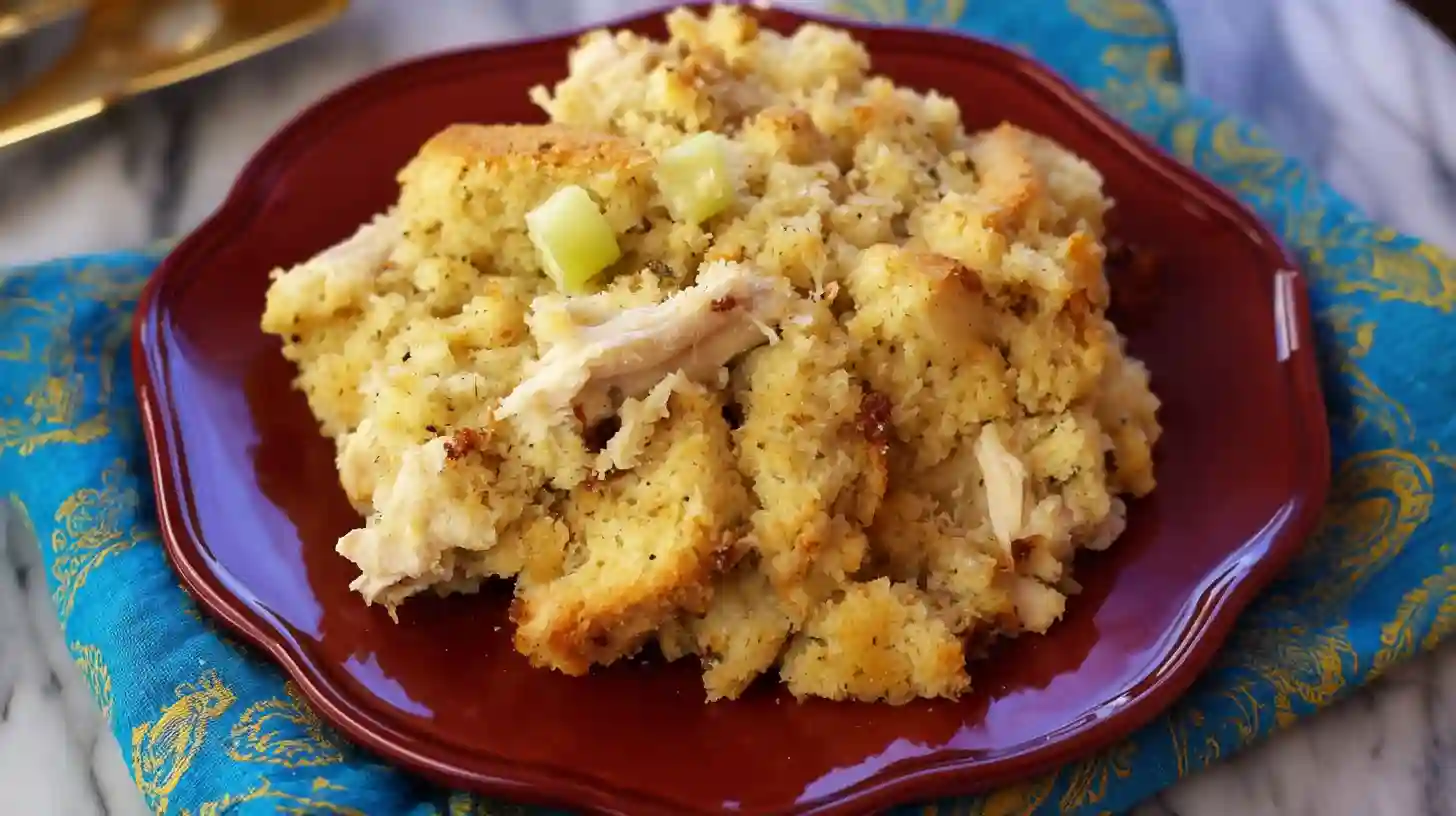 this recipe Among 8 Cozy Dinner Recipes.Close-up of creamy Chicken and Dressing Casserole served on a red plate, showing golden cornbread dressing, tender shredded chicken, and celery pieces — a cozy Southern comfort food favorite.