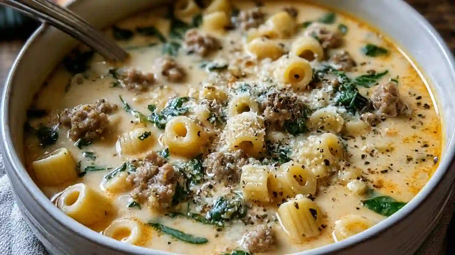 image-recipe4 Close-up of creamy Parmesan Italian Sausage Ditalini Soup in a white bowl, showing tender ditalini pasta, crumbled Italian sausage, spinach, and a rich, cheesy broth sprinkled with herbs and black pepper.