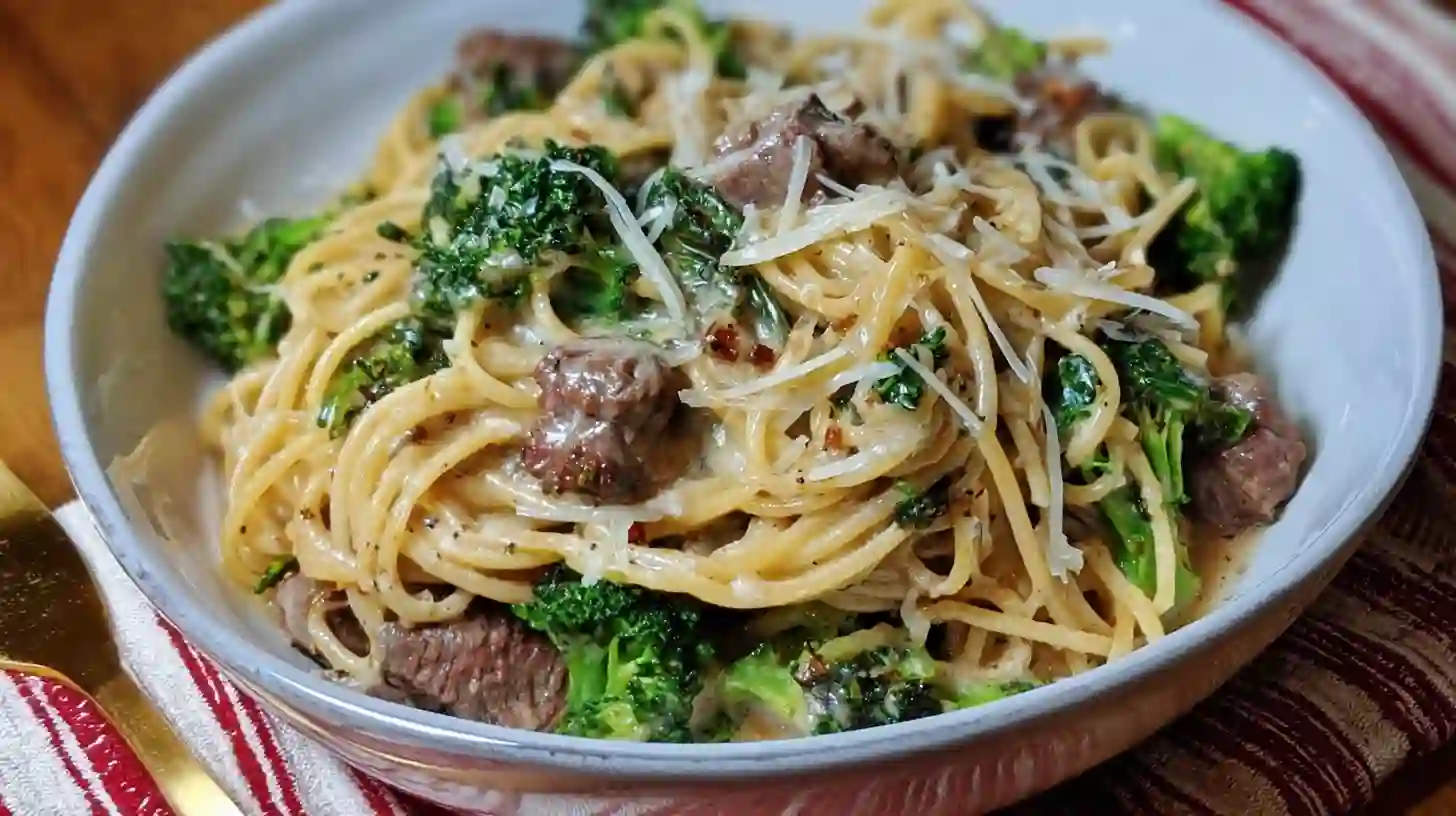 this recipe Among 8 Cozy Dinner Recipes .Bowl of creamy Alfredo spaghetti with tender steak pieces and bright green baby broccoli, topped with shredded Parmesan cheese and a rich garlic cream sauce.