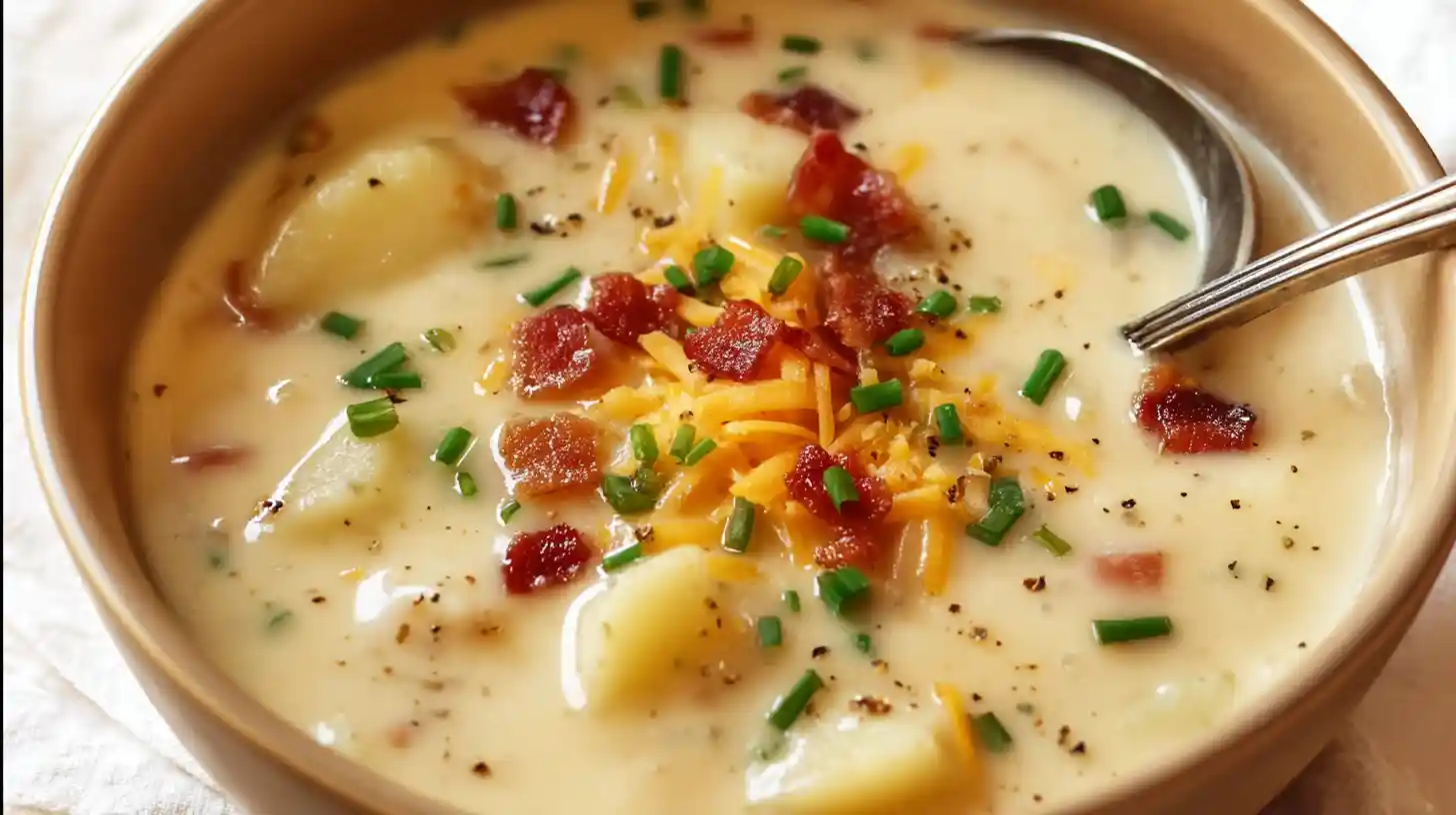 Close-up image-recipe3 of Crock Pot Crack Potato Soup in a beige bowl, showing creamy cheese broth with potato chunks, crispy bacon bits, shredded cheddar, and fresh chopped chives on top.