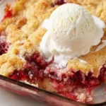 Glass dish filled with Easy strawberry cheesecake dump cake showing creamy layers of white cheesecake, vibrant strawberry topping, and golden crumble on a kitchen counter