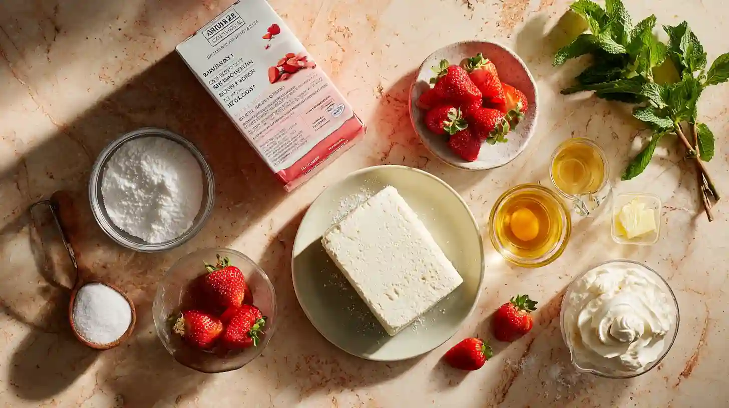 Top-down view of Easy strawberry cheesecake dump cake ingredients including white cake mix, strawberry pie filling, cream cheese, sugar, vanilla extract, melted butter, and garnish options like fresh strawberries, whipped cream, and mint