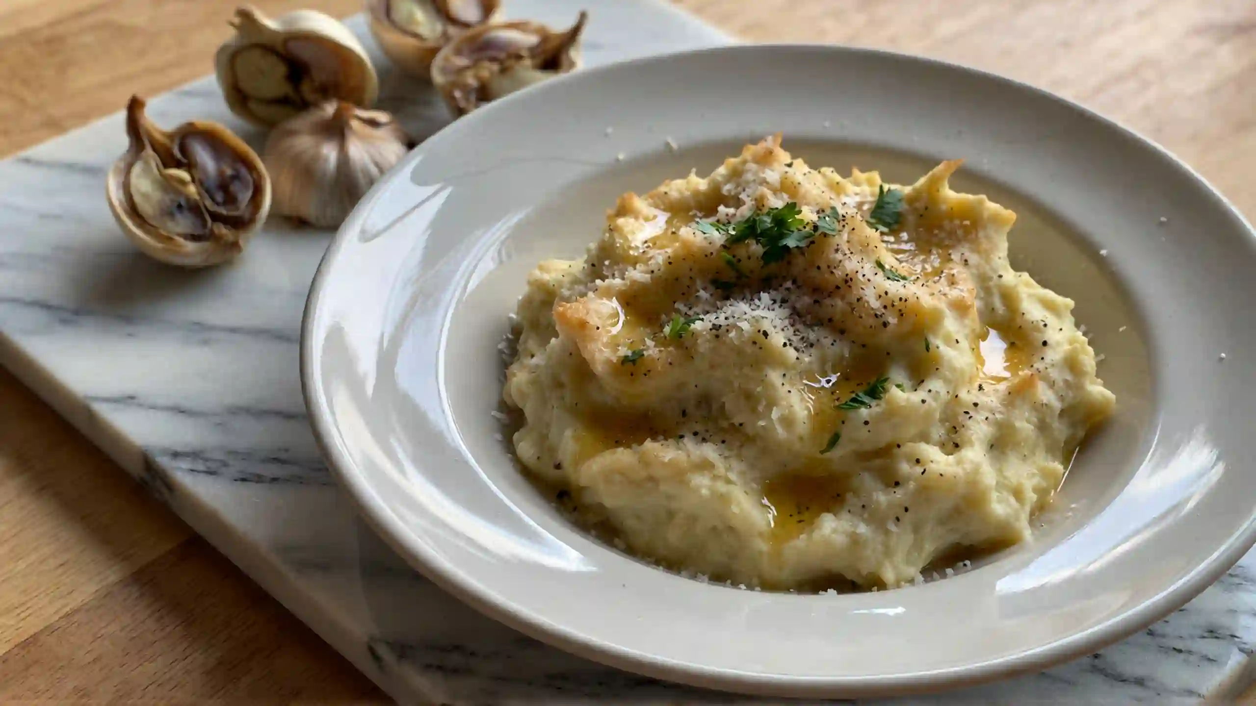 Garlic parmesan mashed potatoes topped with fresh parsley and melted butter – creamy savory side dish with roasted garlic flavor