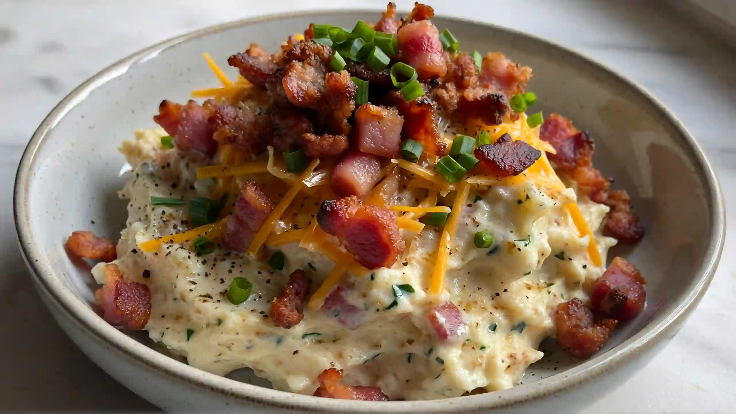 Loaded ranch mashed potatoes with crispy bacon, cheddar cheese, and chives – creamy comfort food side dish perfect for Thanksgiving or Christmas