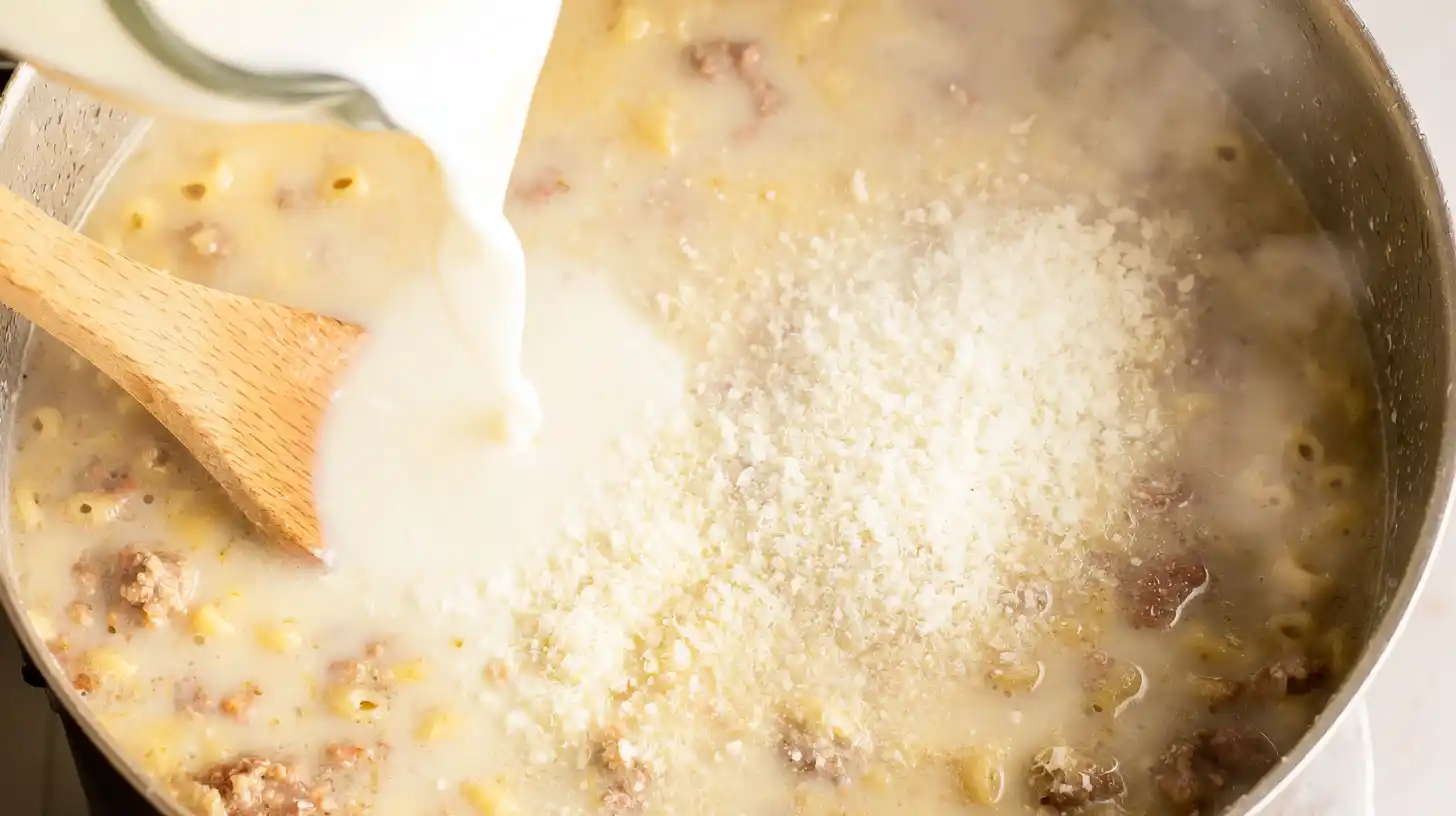 add-cream-and-parmesan-to-creamy-italian-soup Stirring heavy cream and Parmesan into Italian sausage soup for easy creamy soup recipes and family-friendly comfort food dinners.