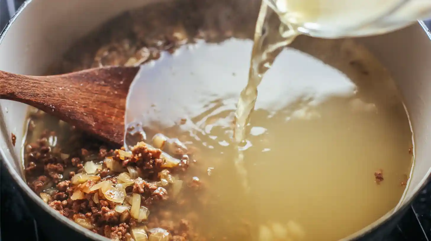 adding-chicken-broth-to-italian-sausage-soup Pouring chicken broth and water into sausage base for hearty soup recipes, ideal for quick fall dinners and one-pot creamy meals.
