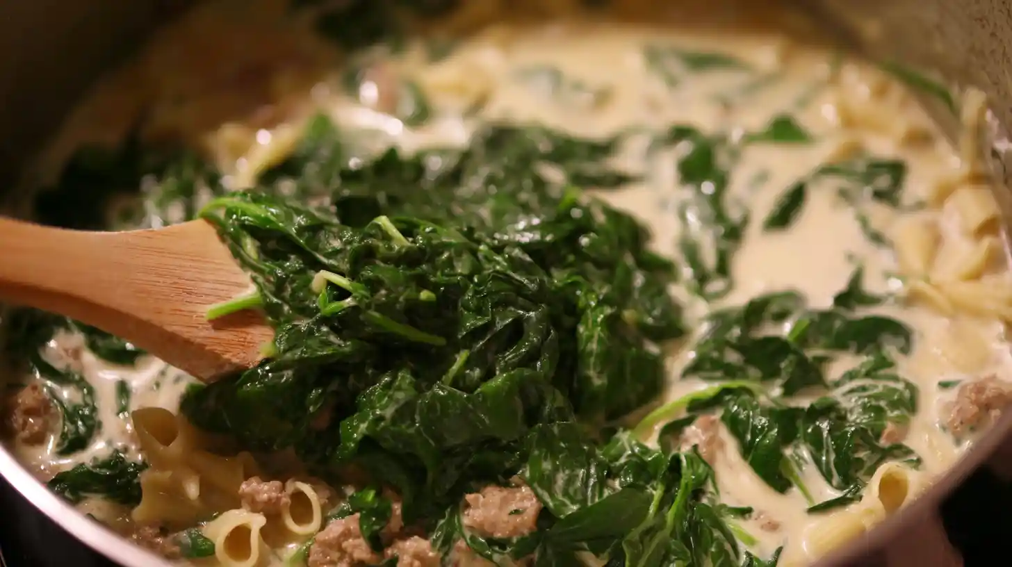 adding-spinach-to-creamy-italian-sausage-ditalini-soup Stirring fresh spinach into creamy Italian sausage ditalini soup for healthy soup recipes and nutritious one-pot dinners.