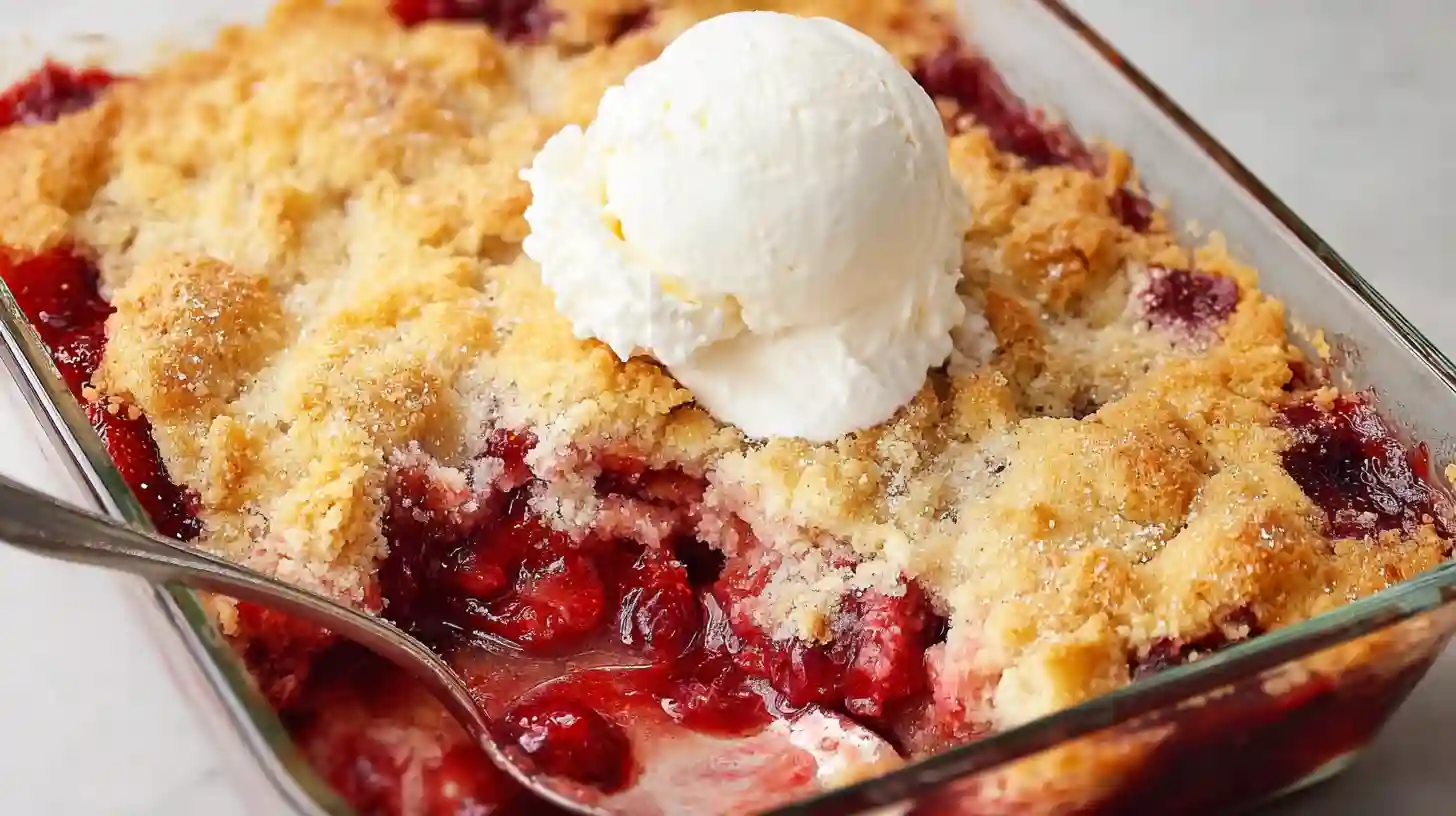 Golden Easy strawberry cheesecake dump cake served warm with whipped cream, easy baked dessert for special occasions.