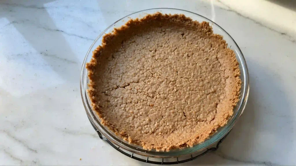 Baked graham cracker crust in 9-inch pie dish cooling on rack for butterscotch cream pie, perfect golden crust base for homemade no-fail pie recipes