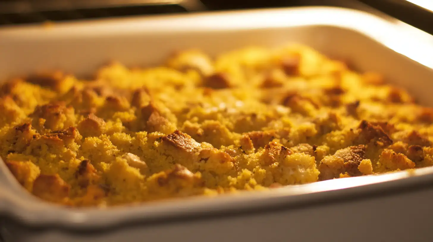 baked-southern-chicken-casserole-golden-top Golden-baked Southern chicken and dressing casserole in oven – an easy chicken casserole dish perfect for classic Southern dinner recipes.