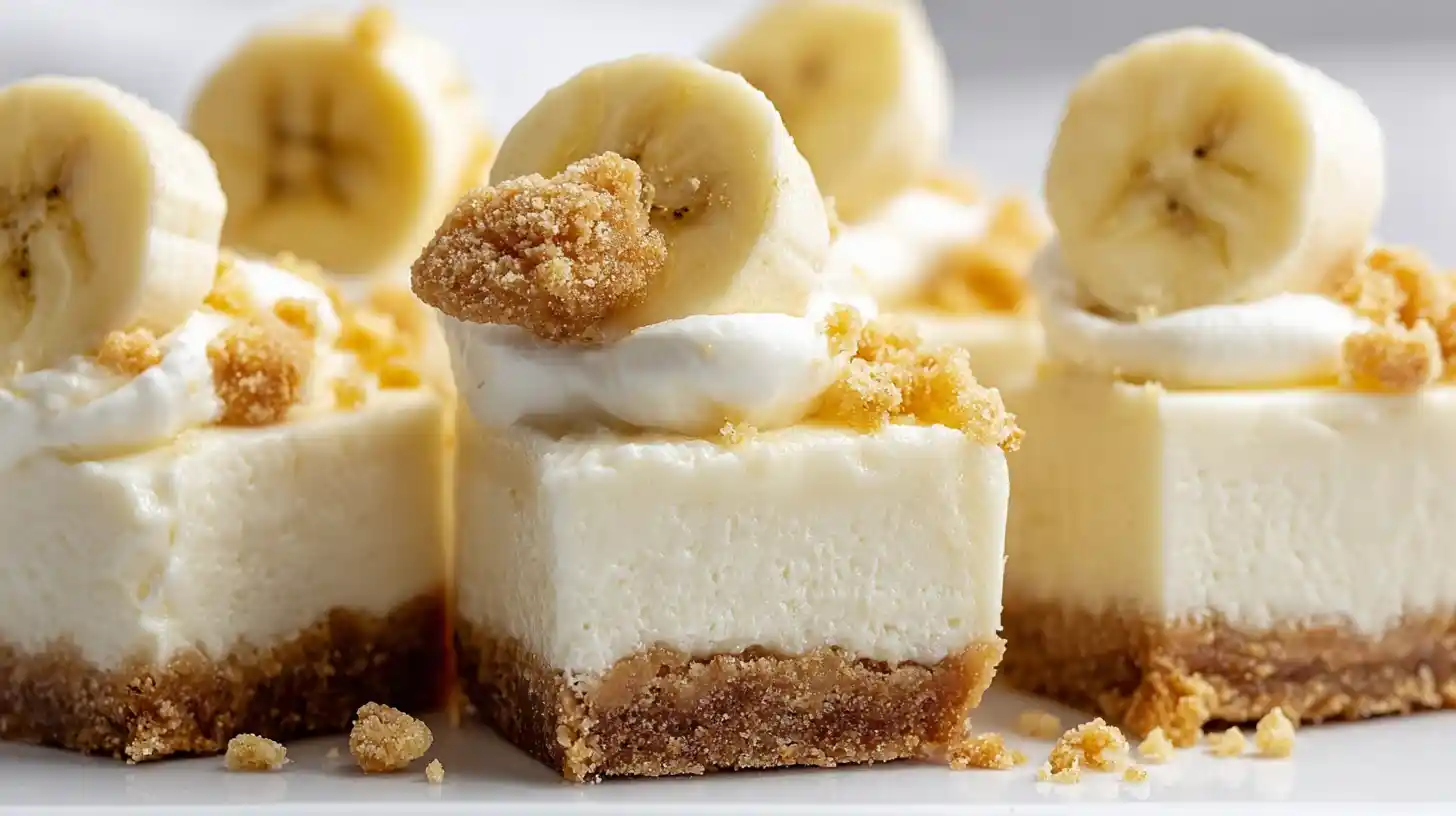 banana-pudding-bites-garnished-and-served Garnished cheesecake banana pudding bites served chilled with fresh banana slices — perfect no-bake desserts for summer parties and high-AdSense easy treat ideas.