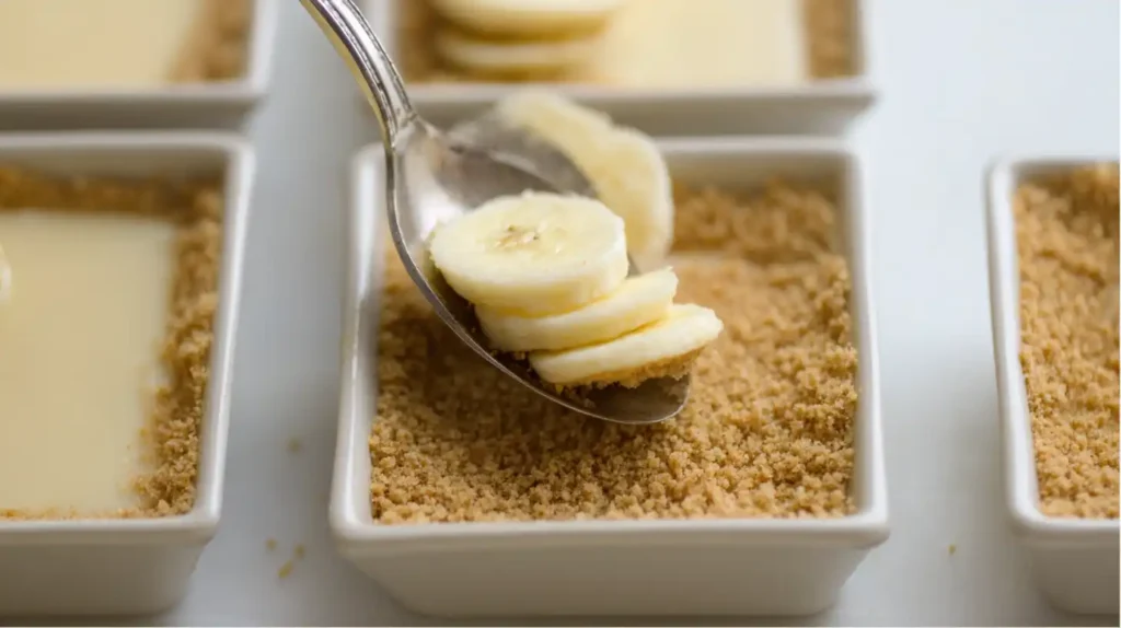 Layering vanilla pudding and banana slices over graham cracker crust for quick no-bake banana cheesecake pudding cups — perfect for summer desserts, party treats, and high-traffic banana pudding recipes.