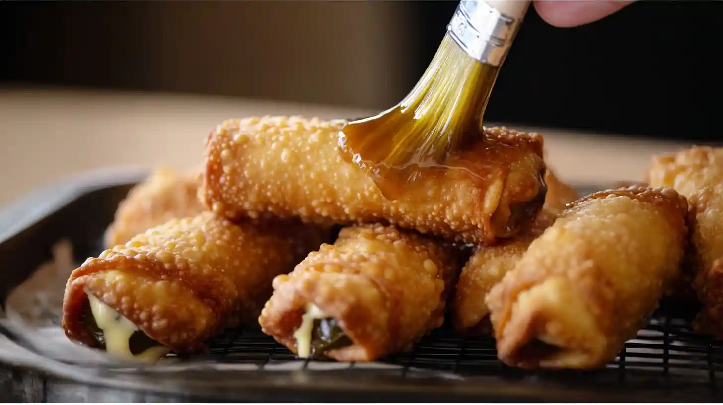 Brushing spicy honey glaze on freshly fried Texas Twinkies egg rolls — golden, hot appetizers perfect for BBQs and game day snacks