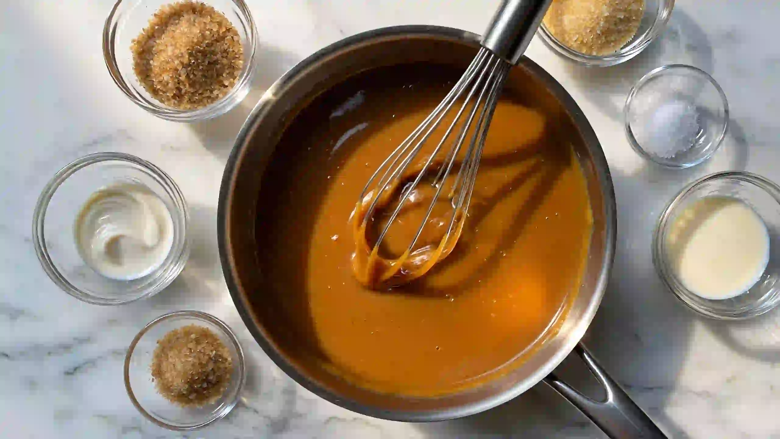 How to make butterscotch custard filling for pie – rich brown sugar, cream, and butter whisked in saucepan until thick and glossy on white marble background
