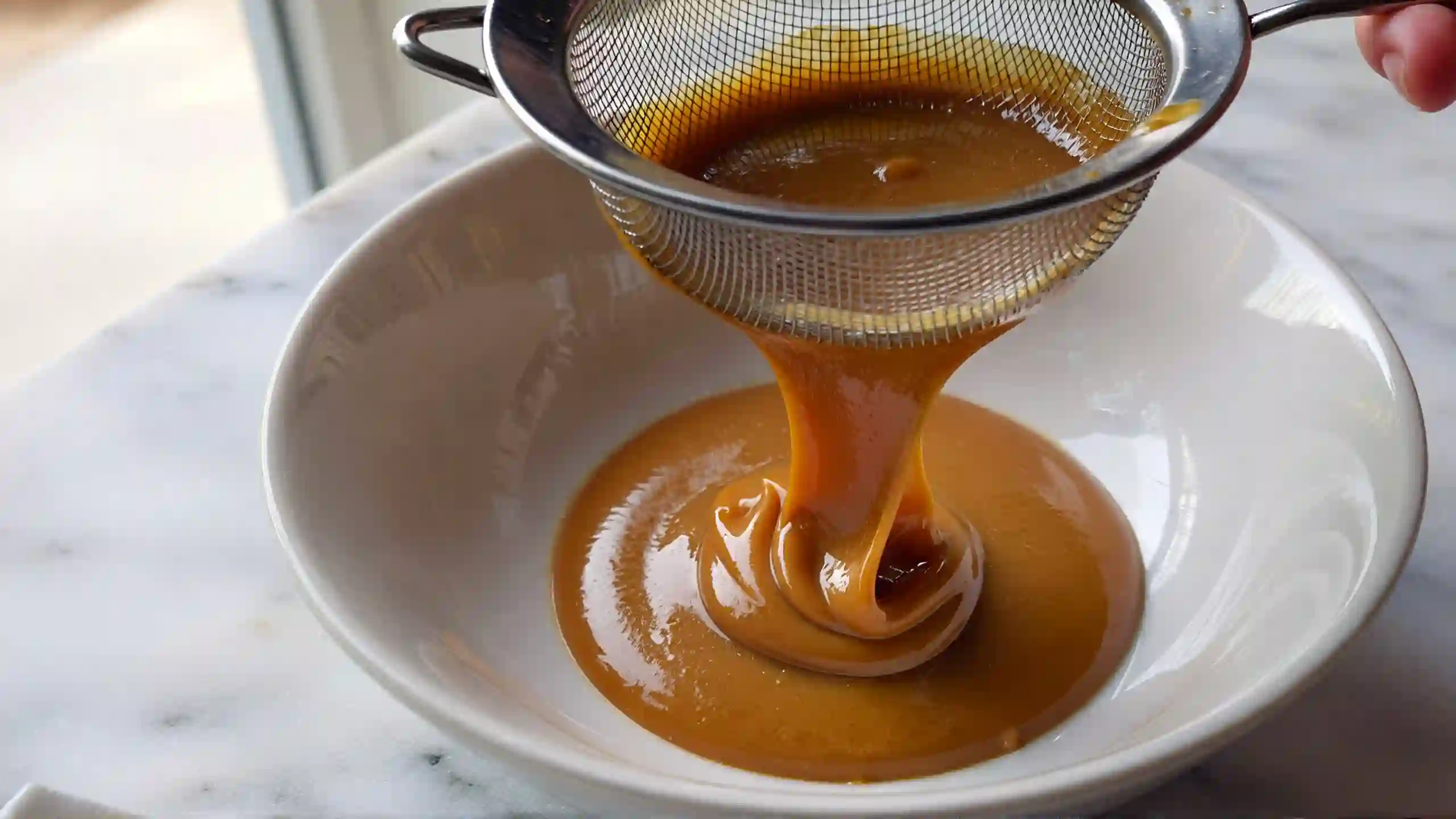 Smooth butterscotch pie filling being strained into a bowl through a fine-mesh sieve on a white marble surface, rich golden custard texture for butterscotch pie recipe.