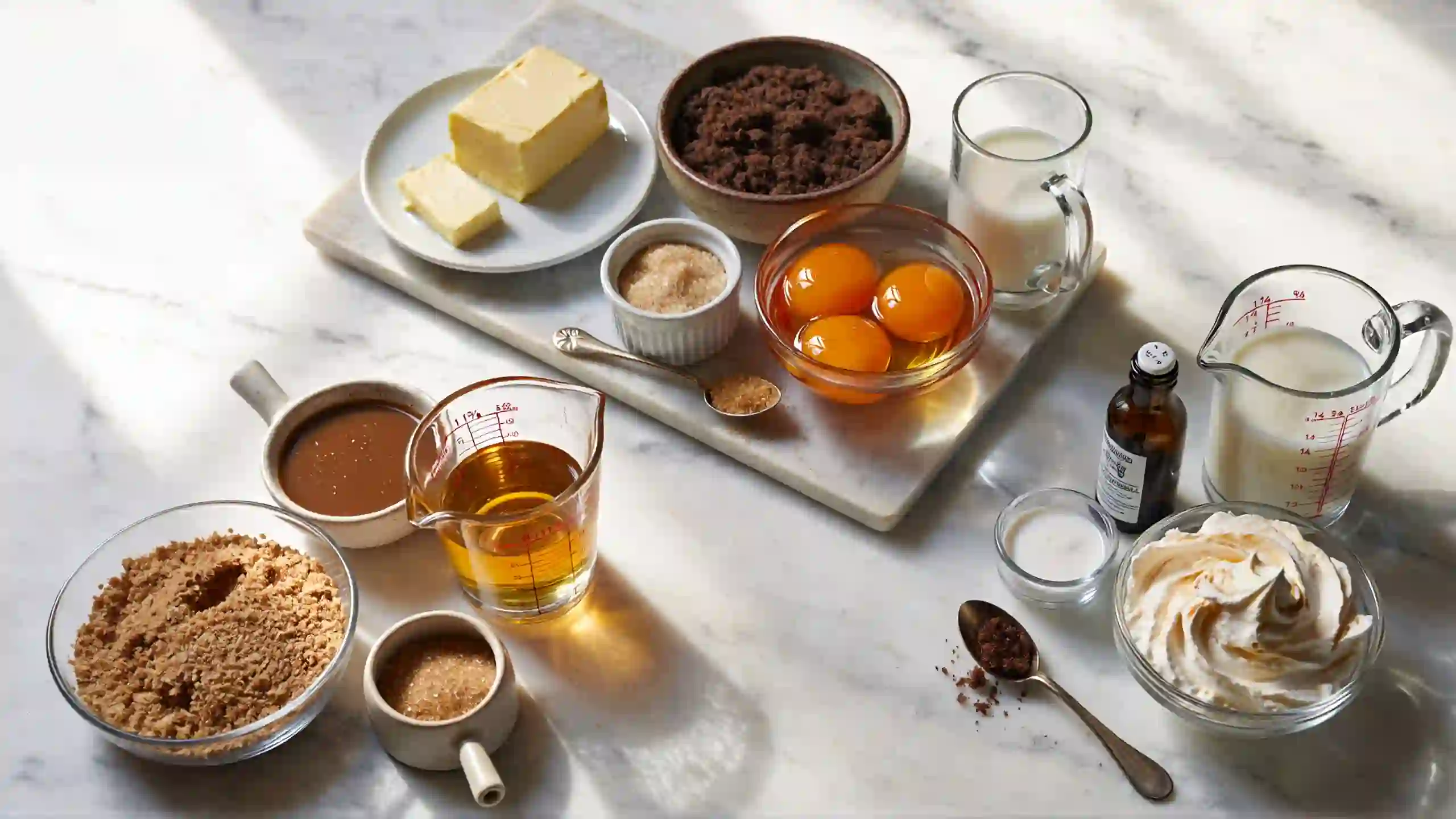 Ingredients for Butterscotch Heaven Pie with graham cracker crust, creamy brown sugar custard, and toasted meringue topping, laid out on white marble surface for homemade dessert recipe