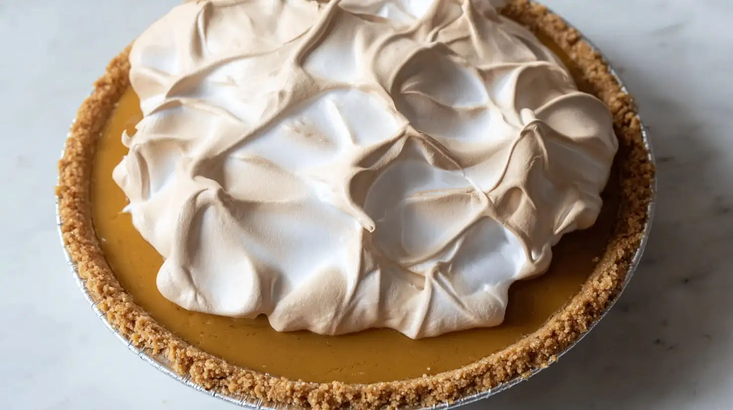Homemade butterscotch pie with decorative meringue topping spread to crust edges – easy no-bake pie recipe with fluffy meringue swirls on creamy custard filling.