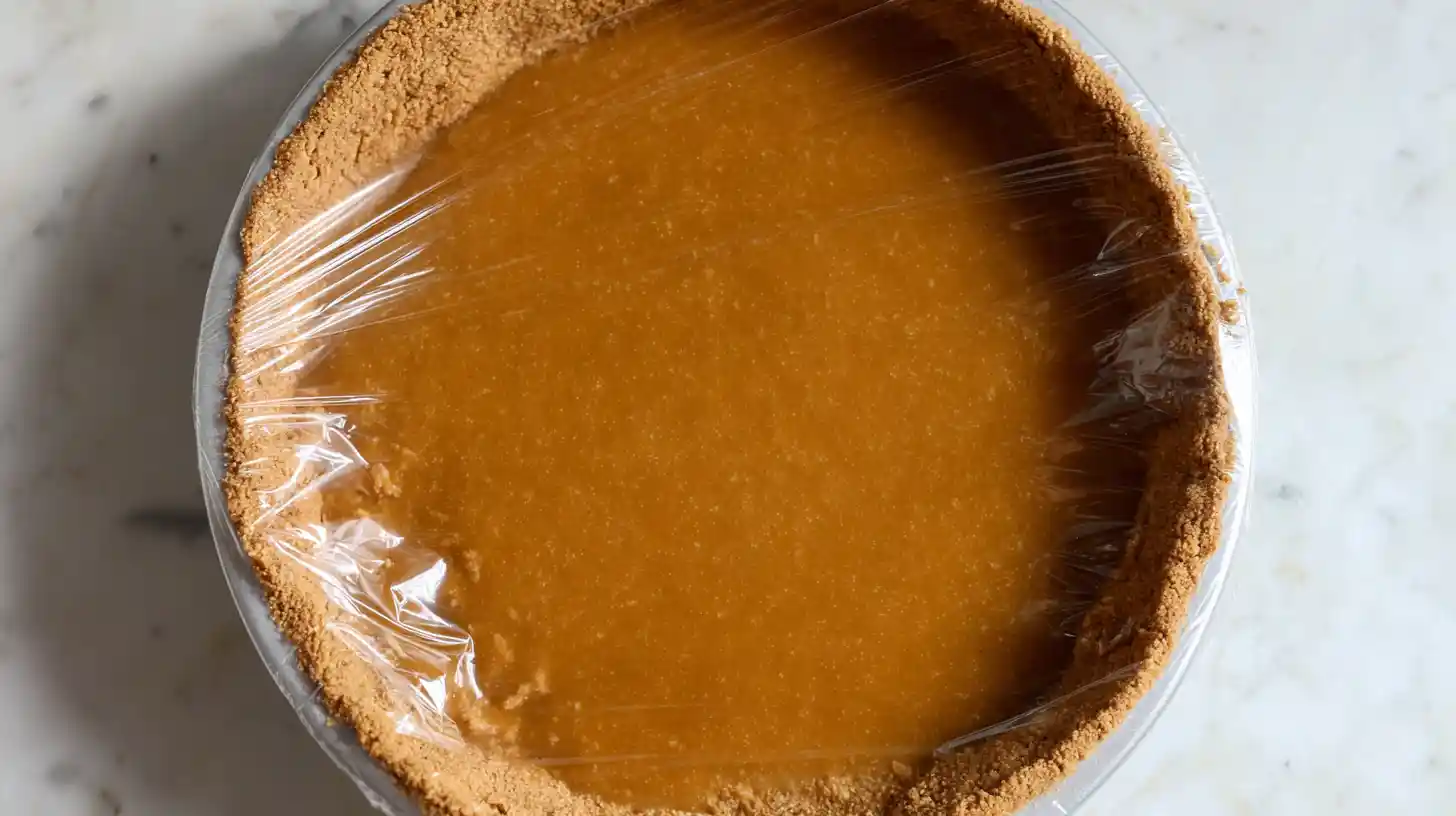 Butterscotch custard pie with plastic wrap on top, filled graham cracker crust on white marble ready to chill and set in refrigerator.