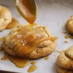 Close-up of caramel cheesecake cookies being drizzled with warm caramel and sprinkled with flaky sea salt on a parchment-lined baking tray — a mouthwatering dessert perfect for sweet lovers and baking fans.